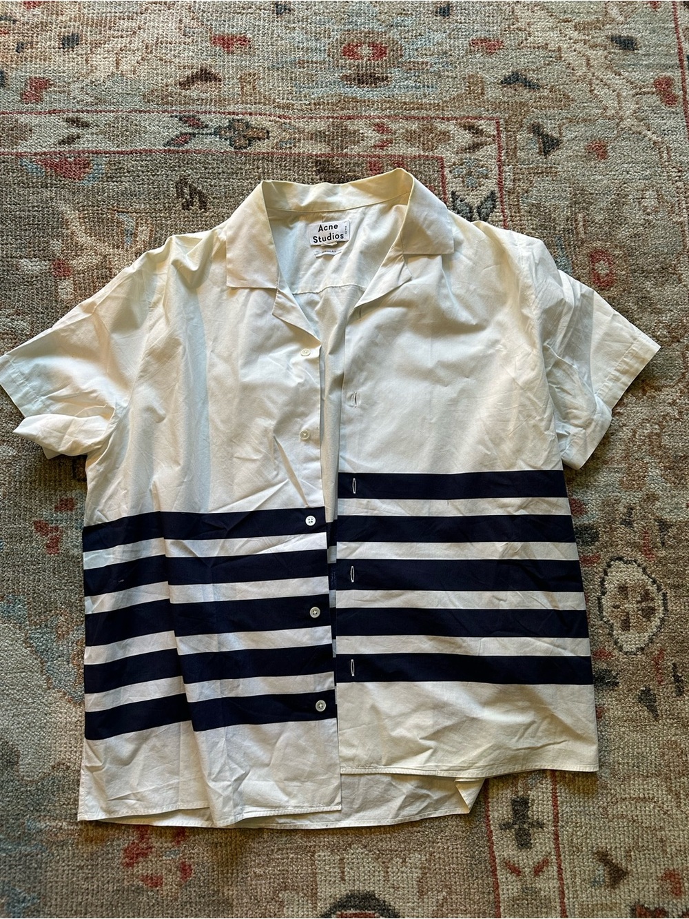 Acne Short-Sleeve Button Shirt in White with Navy Stripes
100% cotton